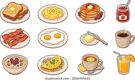 Breakfast food set, pancake toast egg bacon, coffee juice, vector illustration icon.