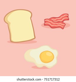 Breakfast Food Set Vector Illustration Cartoon. Bacon, Sunny Side Up Fried Egg, Loaf Bread.