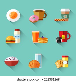 Breakfast food sets flat icons with long shadow Illustration, vector 