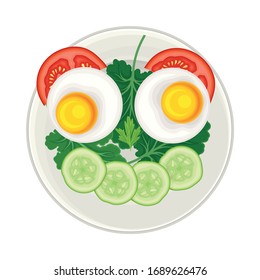Breakfast Food with Sliced Vegetables and Boiled Egg in Shape of face Above View Vector Illustration