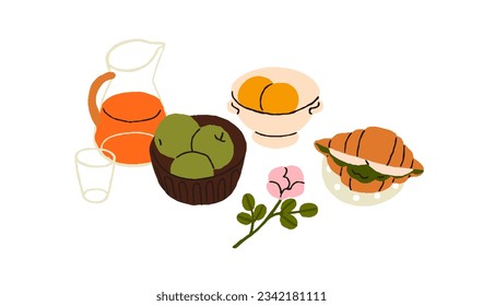 Breakfast food and snacks. Croissant sandwich, fruits, juice in jug, rose flower composition. French bakery, apples, lemonade drink for lunch. Flat vector illustration isolated on white background