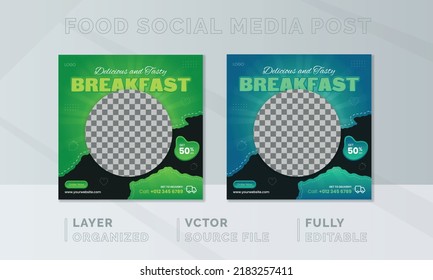 Breakfast Food social media banner design, restaurant post template, squire web banner design, food business online promotion flyer, poster ads, marketing design, Sale cover.