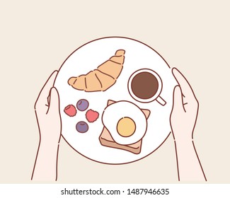 Breakfast food table. Festive brunch set, meal variety with egg, croissant, coffee,  fresh fruits. Hand drawn style vector design illustrations.