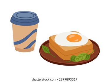 Breakfast food. Toast with fried egg and spinach leaves and a coffee drink. Tasty sandwich served on plate. Flat vector illustration isolated on white background