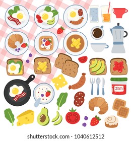 Breakfast food vector icons and illustrations. Eggs, bacon, sausage, toasts, cheese, jam, sandwiches, coffee, yogurt, croissant, waffles