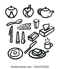 Breakfast food vector icons set. Butter, Teapot, Bread, Coffee Mug