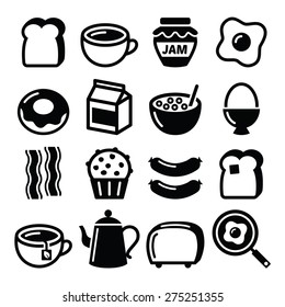 Breakfast food vector icons set. Toast, eggs, bacon, coffee.
 