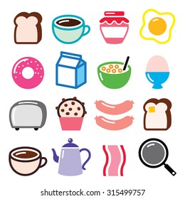 
Breakfast food vector icons set - toast, eggs, bacon, coffee 