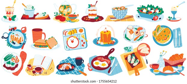 Breakfast food vector illustration set. Cartoon flat collection with healthy sandwich or salad, tasty meal bacon egg. Cafe or home food menu for traditional morning breakfasting icon isolated on white