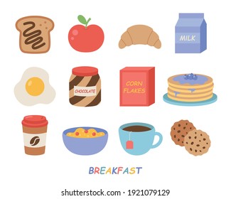 Breakfast food vector illustration set. Various food and drinks. Healthy and tasty meal. White background.