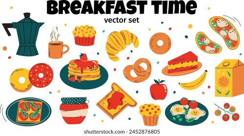 Ilustración vectorial de alimentos para el desayuno ambientada en estilo de dibujos animados. Colección de las comidas: diferentes tipos de frutas, huevos revueltos, sándwich, panqueques, croissant, pretzel, donuts, café. Platos sabrosos Elementos