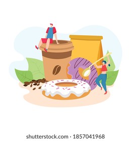 Vector de alimentos para el desayuno aislado. Deliciosos donuts y café caliente. Ideal para desayunar por la mañana. Ilustración vectorial plana