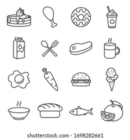 Breakfast food vector lines icon set. Contains such Icons as pancake, milk, orange and more. Editable Stroke