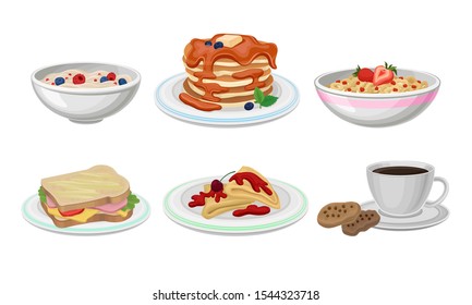 Breakfast Food Vector Set. Meals Collection With Tasty Pancakes and Berry Porridge