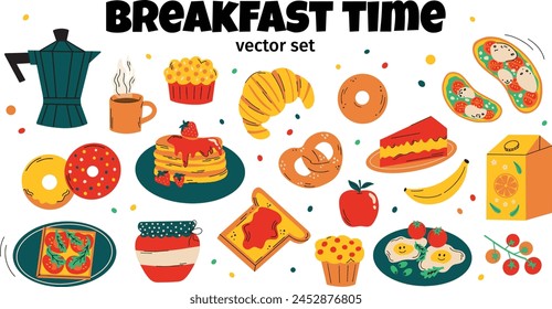 Vektorillustration mit Frühstück im Cartoon-Stil. Kollektion der Mahlzeiten: verschiedene Obstsorten, Rührei, Sandwich, Pfannkuchen, Croissant, Brezel, Donuts, Kaffee. Leckere Gerichte Elemente