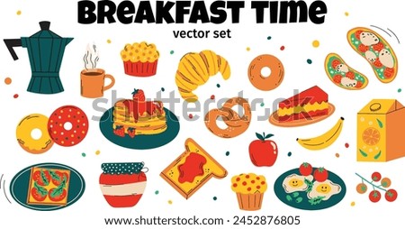 Breakfast food vector sticker set with flat cartoon illustration of different types of fruits, scrambled eggs, sandwich, pancakes, croissant, pretzel, donuts, coffee clipart elements