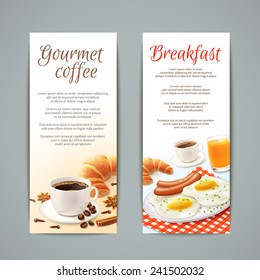 Breakfast food vertical banners set with coffee cup croissant fried eggs and orange juice isolated vector illustration