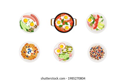 Breakfast Food with Waffle, Cereals and Scrambled Eggs Served on Plate Above View Vector Set