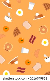 Breakfast foods background as wallpaper. Vector design of breakfast beverages with flat design style. Food illustration for any needs.