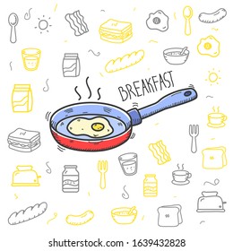 Breakfast foods doodle vector illustration in cute hand drawn style. Egg on frying pan vector 