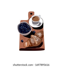 Breakfast foods icon. Croissant, coffee and berries on a wooden board