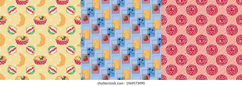 Breakfast foods seamless patterns backgrounds. Colorful hand-drawn vector illustrations