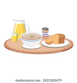Comidas para desayunar. Sopas, pan, mermelada y zumos. Ilustración plana del vector 