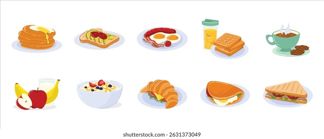 Breakfast Foods Vector Set with Pancakes, Croissants, and Juice. Various Breakfast Illustration