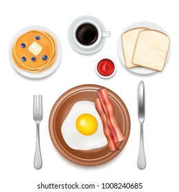 Breakfast foods vector top view illustration. Pancakes with blueberries, fried egg with bacon, slices of bread and cup of coffee isolated on white background. The best morning meals concept.