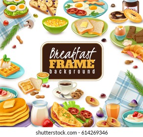 Breakfast frame with coffee juice sandwiches and sweet dishes tableware and napkins on white background vector illustration