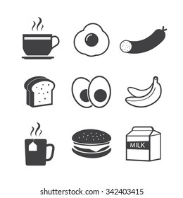Breakfast fresh food and drinks black icons set 