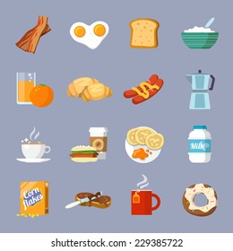 Breakfast fresh food and drinks flat icons set with eggs bread croissant bacon isolated vector illustration