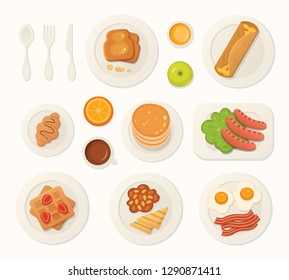 Breakfast fresh food and drinks top view. breakfast meal vector set.