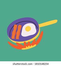Breakfast. Fried bacon and egg. Cute hand drawn vector colorful funny cartoon style illustration.  