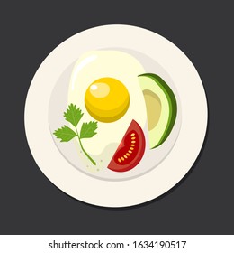 Breakfast with fried egg, avocado, tomato and parsley. Flat cartoon vector illustration.