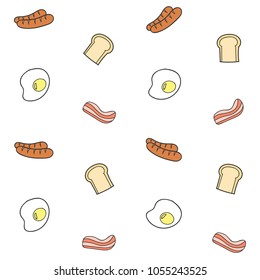 Breakfast, Fried egg, Bacon, Sausage and Bread. cute drawing, seamless vector for background