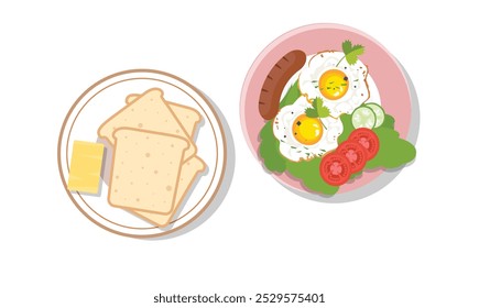 Desayuno con huevo frito y pan. Vector de huevo. Clipart de desayuno. Clipart de alimentos. Vector plano en estilo de dibujos animados aislado sobre fondo blanco.