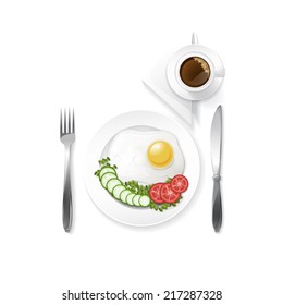 breakfast fried egg with cucumber and tomatoes and cup of coffee isolated vector