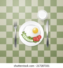breakfast fried egg with cucumber and tomatoes and glass of milk on checkered tablecloth vector