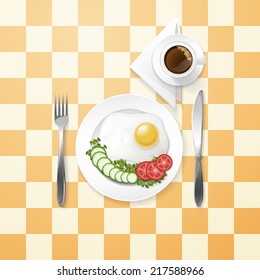 breakfast fried egg with cucumber and tomatoes and cup of coffee on checkered tablecloth vector