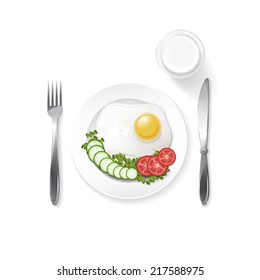 breakfast fried egg with cucumber and tomatoes and glass of milk isolated vector