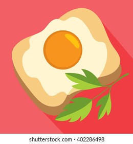 Breakfast, fried egg on a piece of bread. Color illustration in a cartoon style.