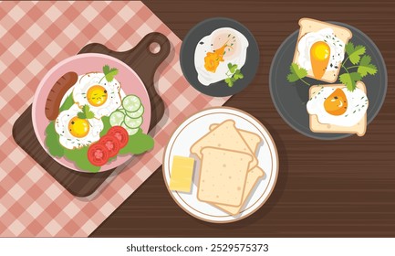 Café da manhã com ovo frito, ovo caçado, salsicha, pão. Pratos de ovos vetor. Clipart mesa café da manhã. Clipart de comida. Vetor plano em estilo de desenho animado isolado no fundo branco.