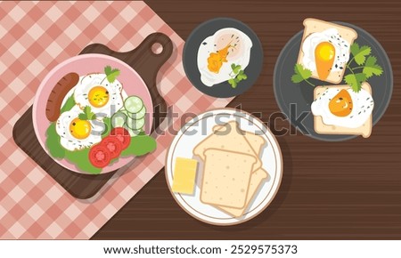 Breakfast with fried egg, poached egg, sausage, bread. Egg dishes vector. Breakfast table clipart. Food clipart. Flat vector in cartoon style isolated on white background.