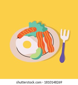 Breakfast. fried egg, sausage, bacon, avocado and salad. Cute hand drawn vector colorful funny cartoon style illustration.  