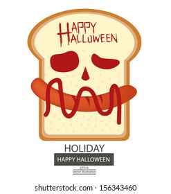 Breakfast. Fried egg. Sausage. Bread. Halloween vector illustration.