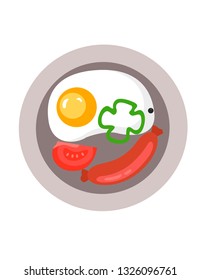 breakfast with fried egg, sausage and red tomato. Vector Illustration