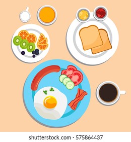 Breakfast with Fried egg, Sausages, Bacon, Bread, Fruit, Orange, Kivi, Grape, Coffee and Vegetable salad on blue dish. Breakfast vector illustration. 