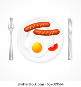Breakfast, fried egg and sausages on plate with tomatoes, vector illustration