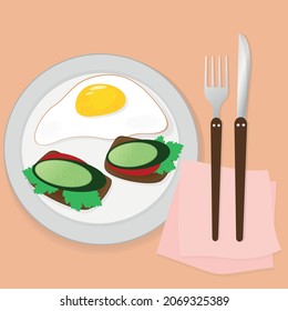  Breakfast fried egg, toast with bread, herbs and cucumber, pepper on a plate with napkins and appliances on the table. Cute vector illustration of food in a flat style.